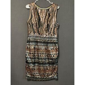 Sequin Midi Dress Side Zip Sleeveless Black Gold Tribal Sm/Med Party NWOT
